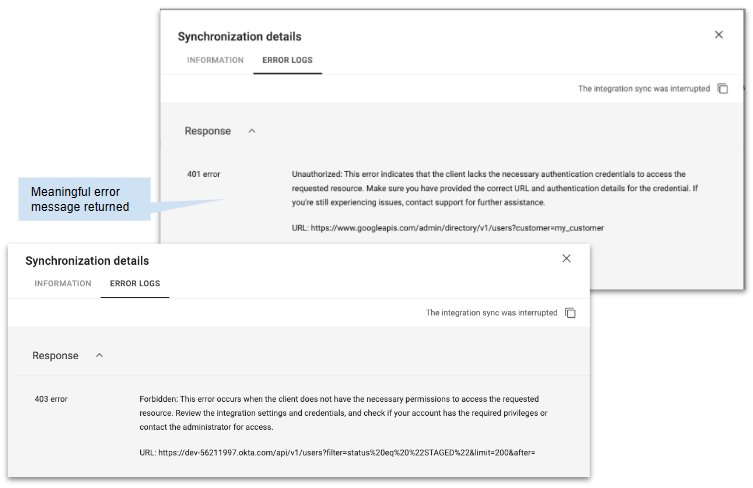 [Image of various readable integration error responses]