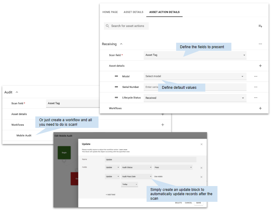 [Image of how an administrator configures the Asset Action within the Oomnitza platform ]